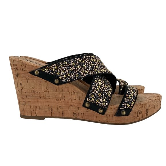 XOXO Benji Studs Cross Strap Metallic Cork Wedge Slide-on Sandals - Picture 1 of 11